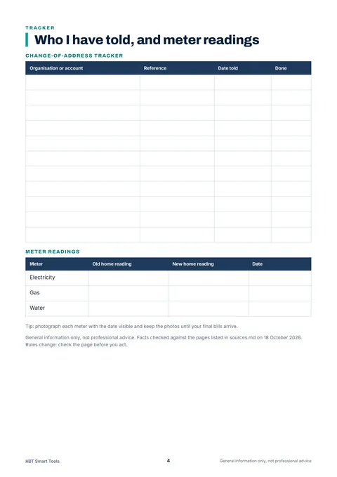 View 4: Sample page 3 from Moving House: Change of Address Checklist