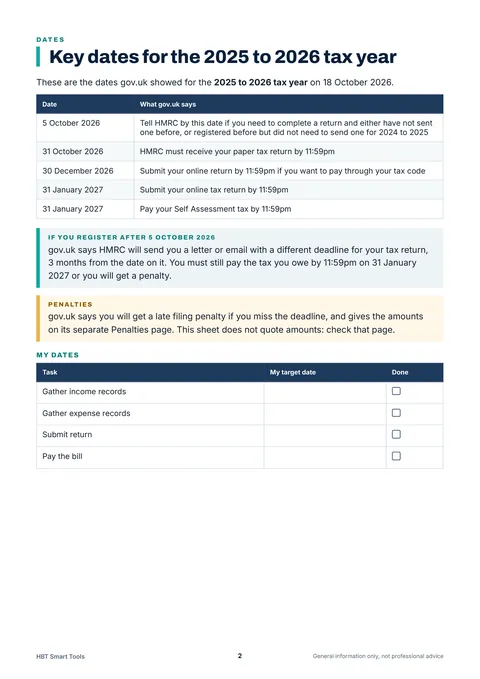 View 2: Sample page 1 from Self Assessment: Dates and Payments on Account