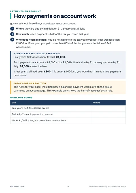 View 3: Sample page 2 from Self Assessment: Dates and Payments on Account